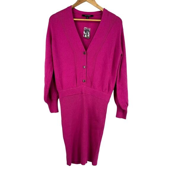 TOCCIN NY NWT Felicity Long Sleeve Ribbed Knit Sweater Dress Fuchsia Size Small - Picture 1 of 9